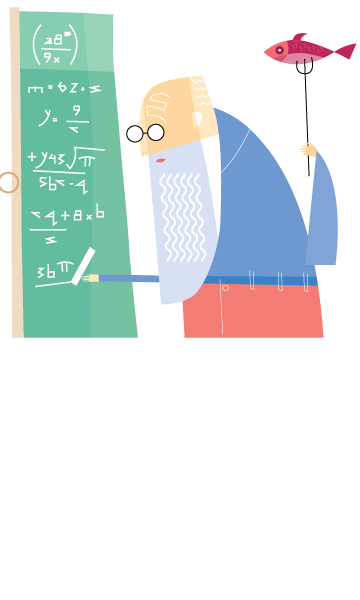 Man eating fish, doing equations