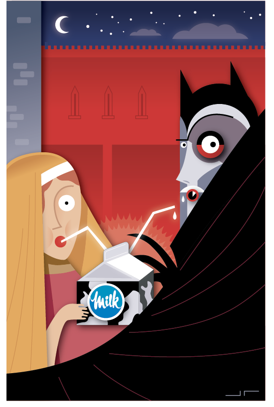milk ad, jtillustration, james turner illustration, commercial art, reveal that a vampire is drinking milk not blood
